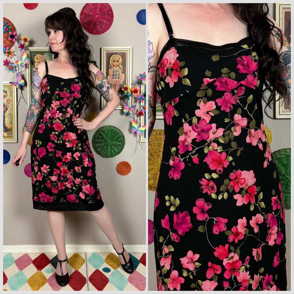 Vintage 1990s Black and Pink Floral Sleeveless Slipdress